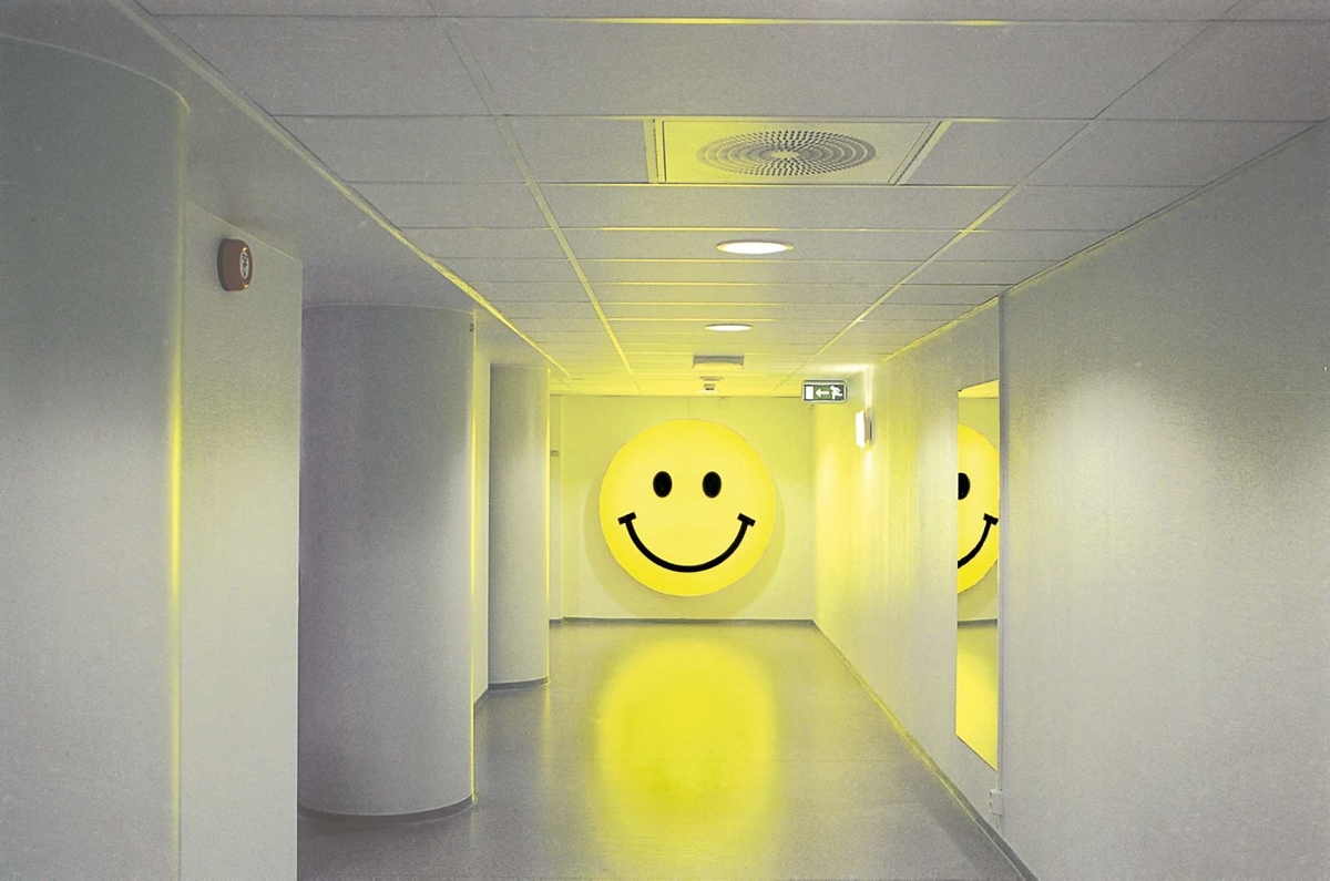 Én av to like store lyskasser med Smil-motiv montert i akse slik at de smiler til hverandre. Lyskassen er utført i pulvertlakkert aluminium. På fremsiden er det montert en slagfast ekstrudert akrylplate. På denne akrylplaten er motivet silketrykket.