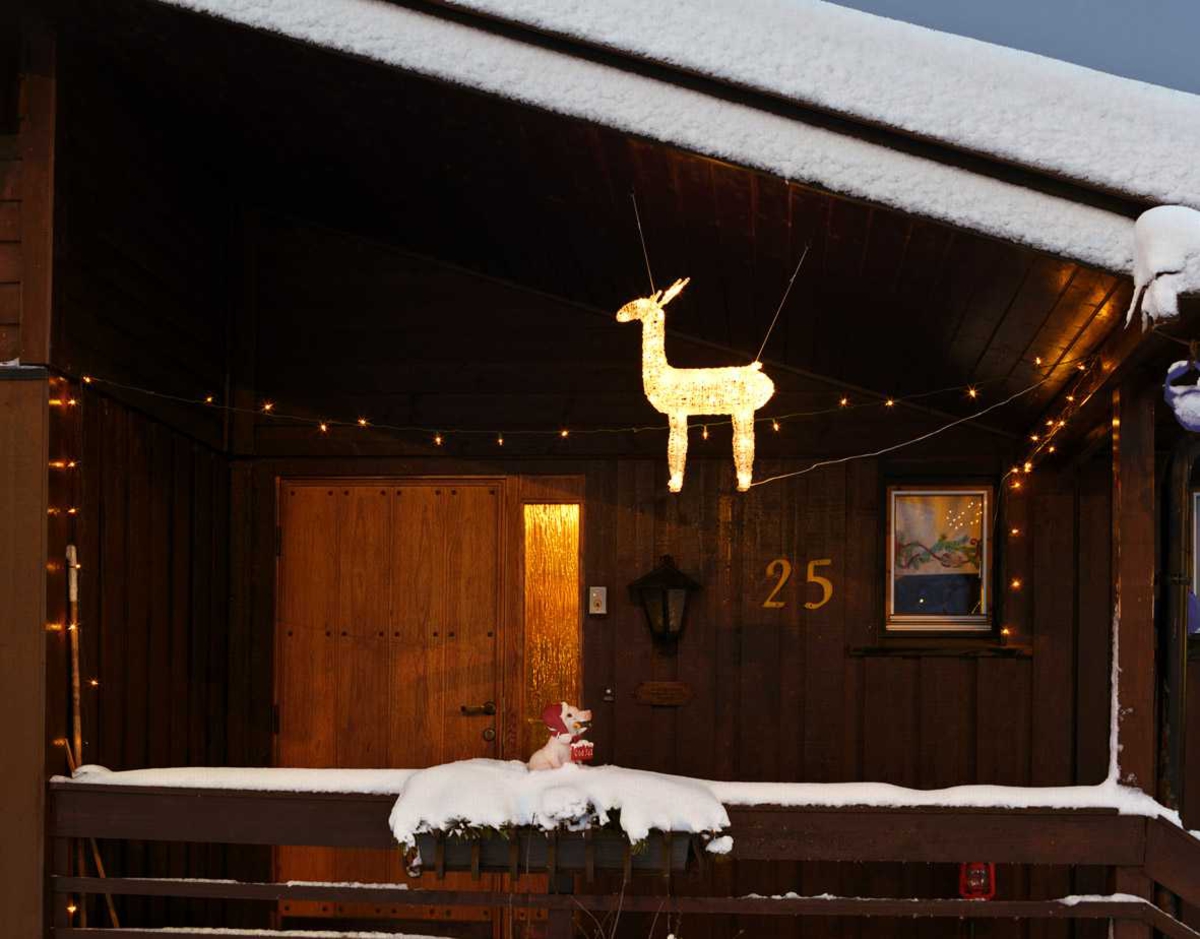 Julebelysning

Hvit lysende reinsdyr hengende ved inngangsparti ved enebolig