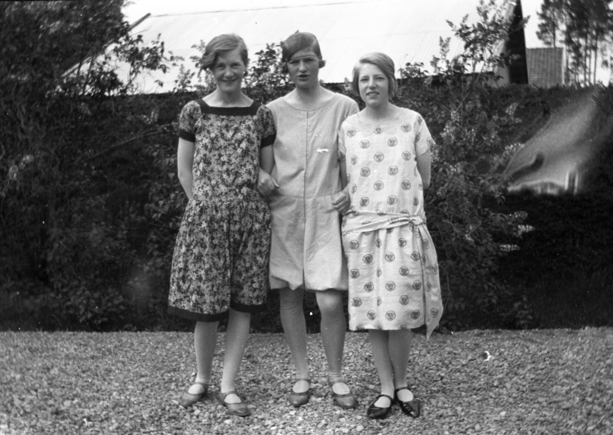 Tre jenter.
Bildet er tatt på Søndre Søbakken i Elverum, gnr. 25, bnr. 43. Fra venstre: Gudrun Jørgensen (1903-1997)(sannsynligvis), Ingeborg Jørgensen (1905-1988), Aase Jørgensen (1913-2000).