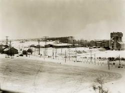 Oversiktsbilete, eksteriør Hafslund Karbidfabrikk, silo, mas