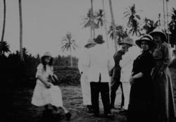 Gruppe av europeere på en gårdsplass med palmetrær i bakgrun