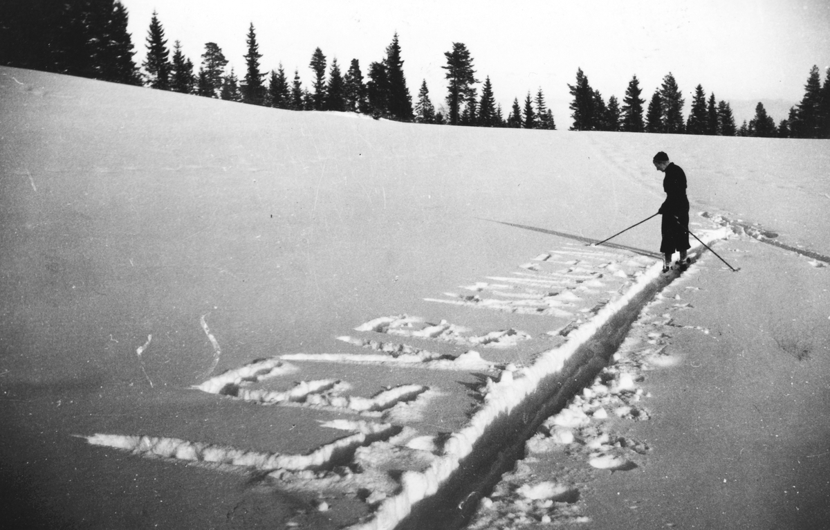 Skiløper skriver "Leve kongen" i snøen "Vår tanke i 1941" 2. verdenskrig. 