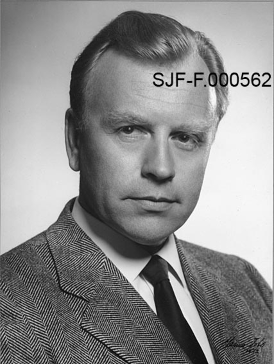 Portrett av direktør Karl G. Christoffersen, som var formann i De norske Papirfabrikanters Forening fra 1968 til 1972.  Christoffersen er fotografert i fiskebeinsmønstret dressjakke og med kvit skjorte og svart slips.  Da fotografiet ble tatt var han antakelig om lag 45 år gammel, og hadde sidekjemt hår. 








