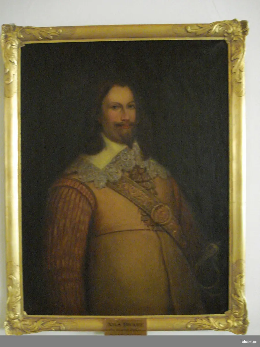 Olja på duk, förgylld ram. Porträtt föreställande Nils Brahe  Grefve, General af Infanteriet född 1604 död 1632.