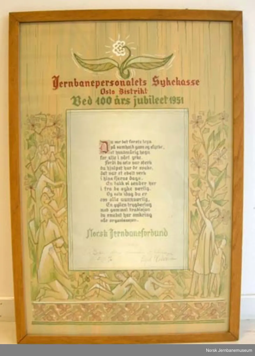 Adresse : fra Jernbaneforbundet til Jernbanepersonalets sykekasse Oslo distrikt - ved 100 års jubileet 1951