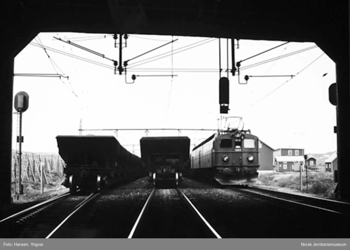Bjørnfjell stasjon 18. juni 1980, om morgenen : kl. 07.46: malmtog 7313 passerer og krysser med togene 7310 og 7312