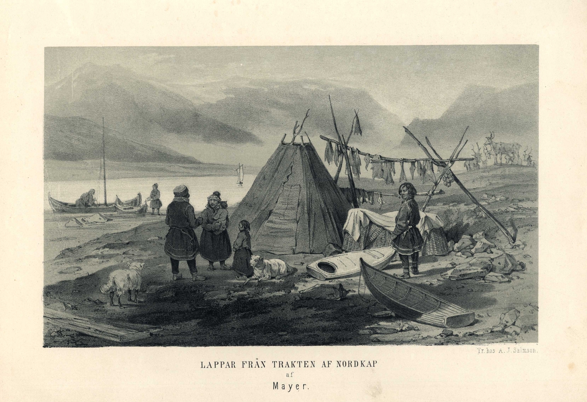 Nordkapp, Finnmark. Sameleir med lavo, samer, hunder, reinsdyr og båter i landskap