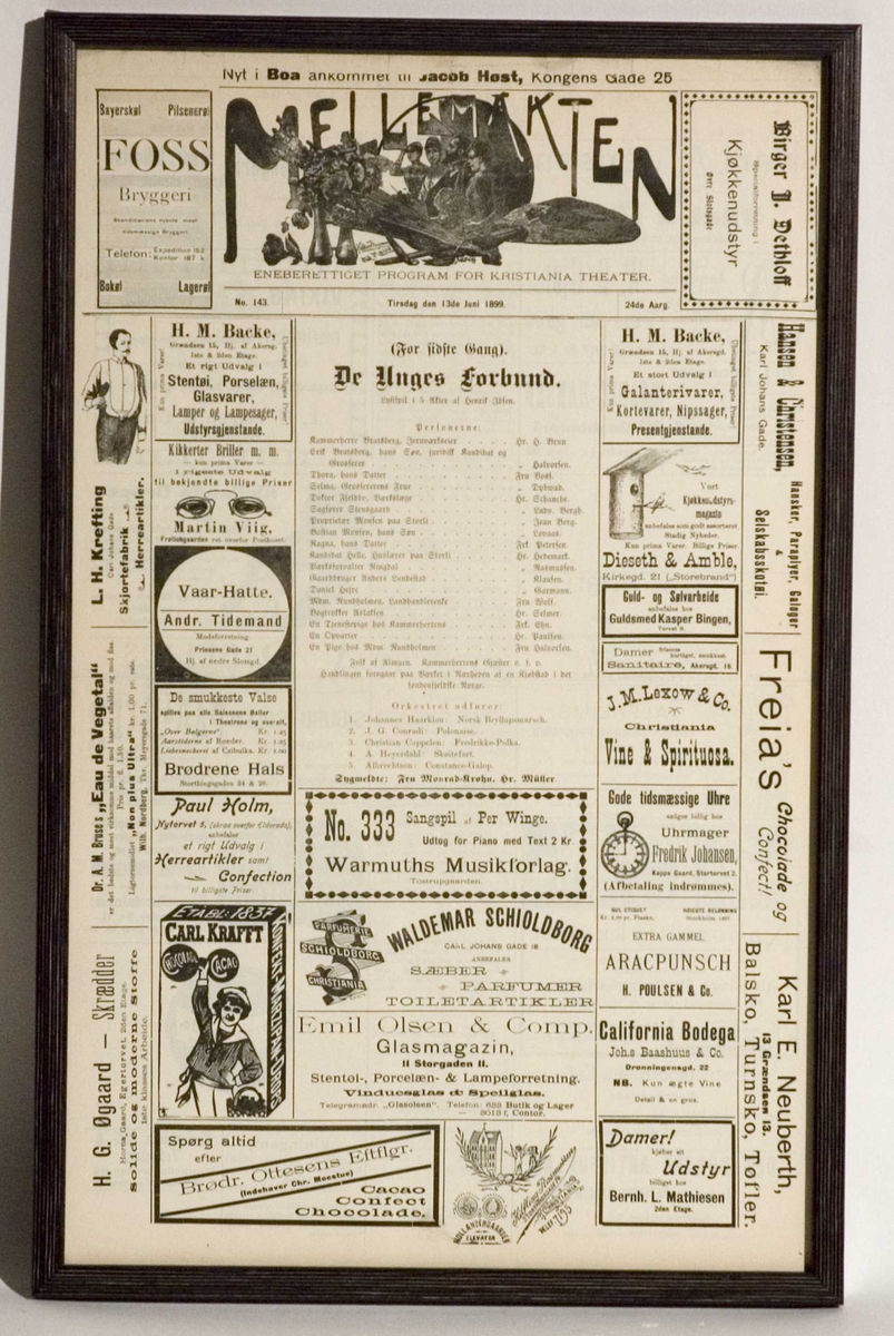 Oppstillingsliste: " Rolleliste (fra "Mellemarken") /  papir //
"De Unges Forbund " Christiania Theater 1899 (nest siste forestilling)."