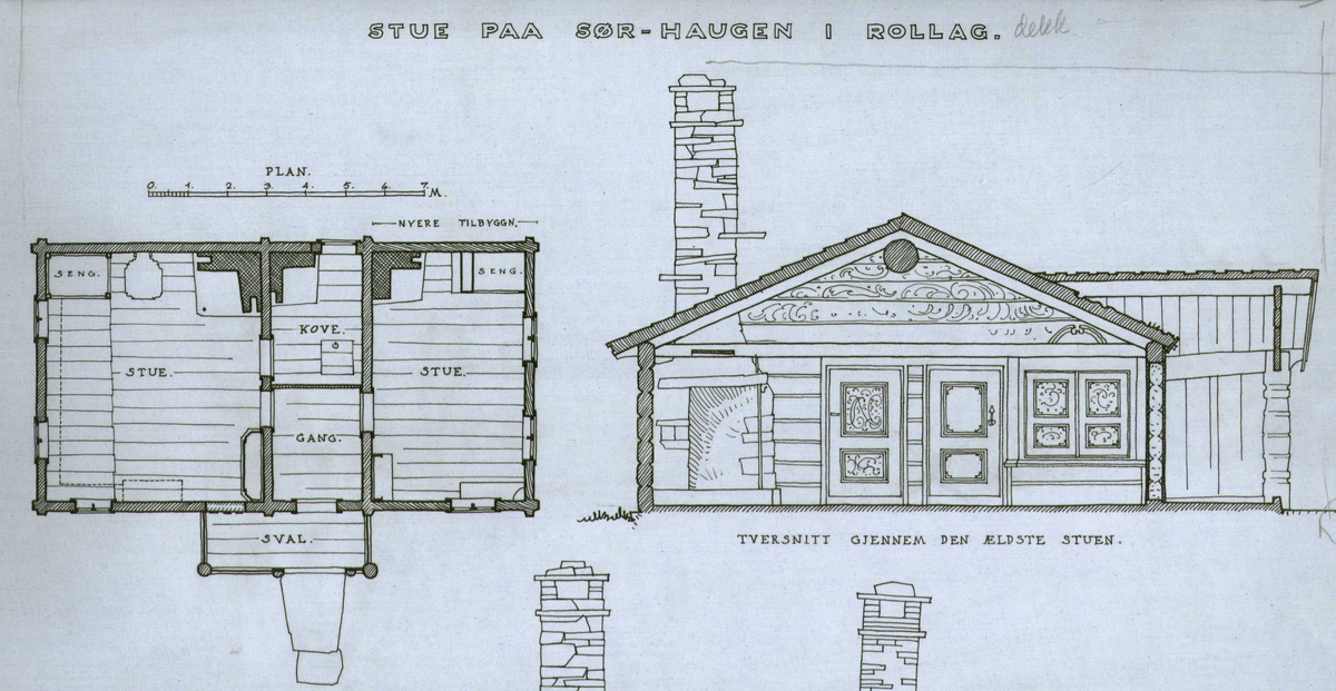 Erling Gjones tegning (1927) av stue på Sør-Haugen i Rollag, Buserud. Plan- og snittegning.