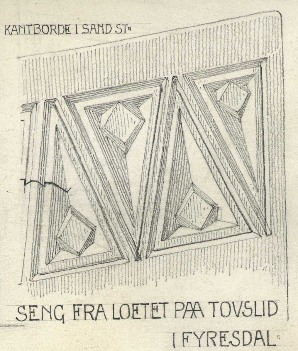 Johan J. Meyers tegning (1922) av 
1-2.Bord datert 1736, fra Midtgarden, Nedre Birtedalen, Fyresdal, Telemark. 
3-4.Seng fra loft, Tovslid, Fyresdal, Telemark. 

