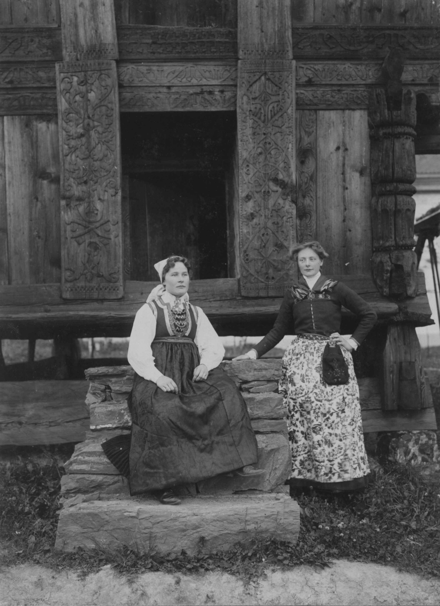 Kvinner i drakter foran loftet fra Rofshus, nå på Norsk Folkemuseum, bygning nr. 141, ved tilstelning på Norsk Folkemuseum.

Dei to kvinnene er kledd opp i gamle draktplagg, truleg i samband med den fyrste særutstillinga ved museet, "Nationaldragter" i 1903. Til høgre står Ragnhild Prestgard.
