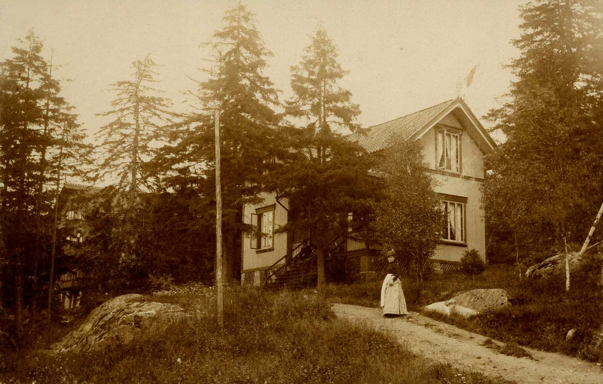 Villa Sana på Hankø, Onsøy ved Fredrikstad. Trehus med glassveranda mellom trær. Kvinne går på veien opp til huset.