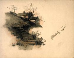 Julekort. Julehilsen. Hage, hus og trapper. Datert 23.12.189