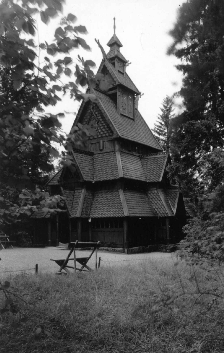 Stavkirken fra Gol i Hallingdal. Fotografert på Norsk folkemuseum (Kong Oscar IIs samlinger), 1940.