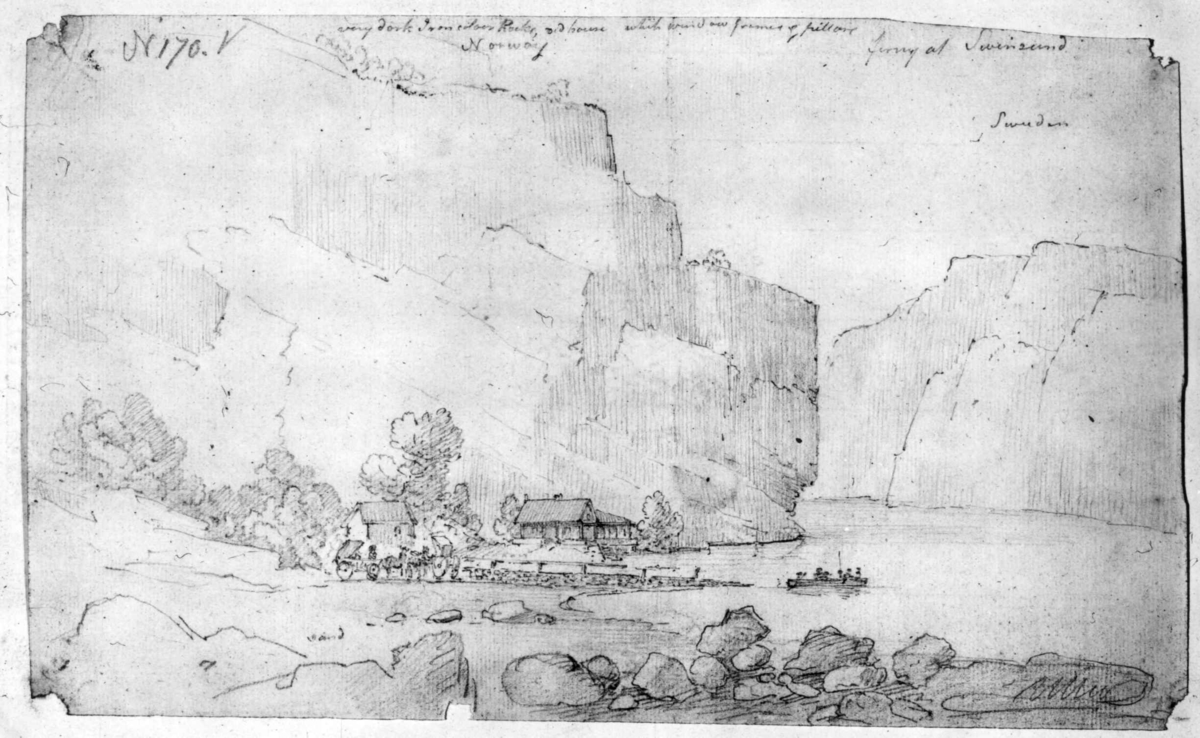 Berg, Svinesund, Halden, Østfold. Blyanttegn. i "Drawings Norway 1800" skissebok av J.W. Edy. Landskap.