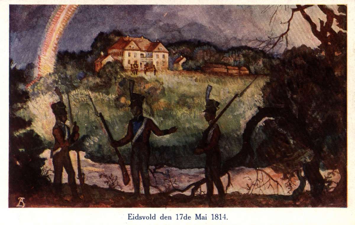 Postkort. Maleri av vakter foran Eidsvollsbygningen. Tekst på kortet "Eidsvold den 17de Mai 1814".