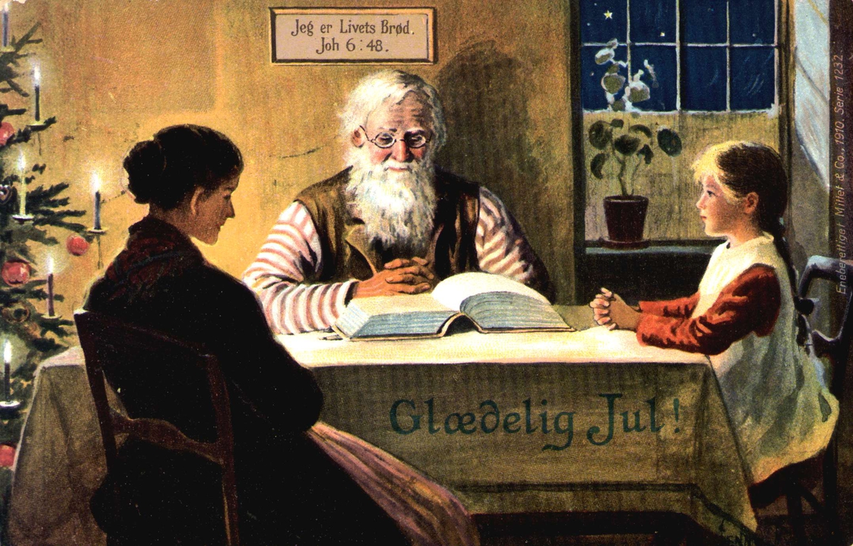 Postkort. Julekort. En familie sitter rundt bordet i bønn. Bestefar leser fra bibelen. Illustrert av svenske Jenny Nyström (1854-1946). Datert julaften 1916.