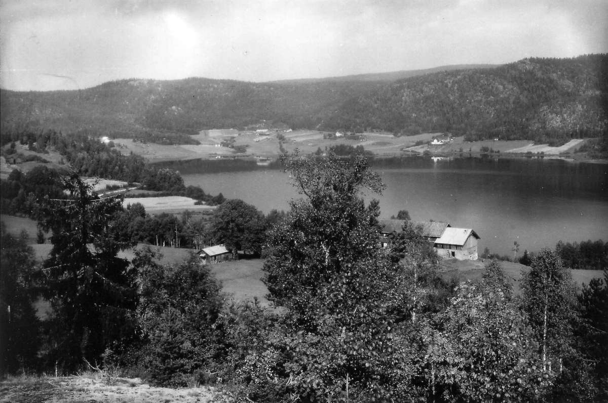 Slette gård, Kråkefjorden, Sigdal. 1930. Oversiktsbilde. Landskap med gårder. Skog og åser.