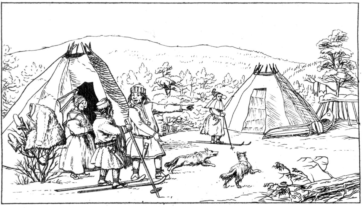 Drakter. Samer på ski ved teltplass i Karasjok. Tegning av Keilhau 1831. 