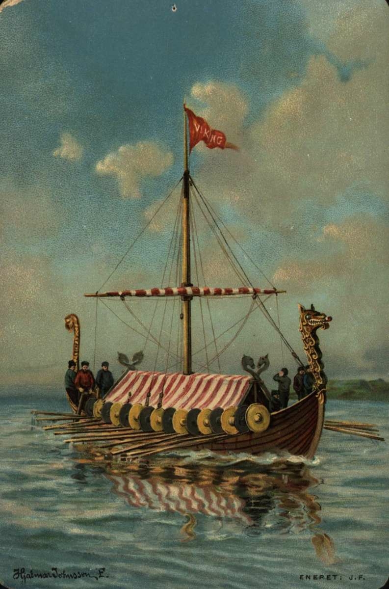Postkort. Jule- og nyttårshilsen. Vikingskip med roende mannskap. Illustrert av Hjalmar Johnssen (1852-1901).