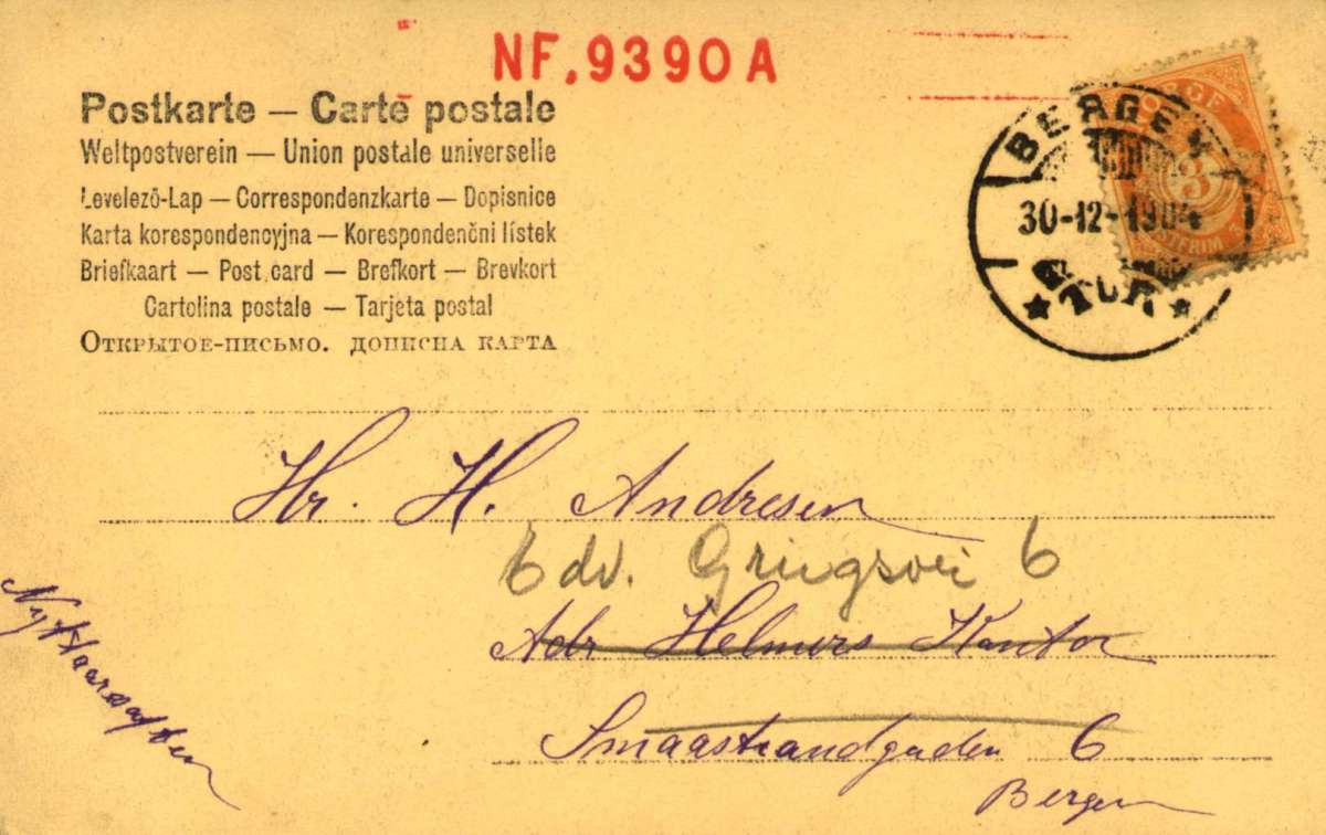 Postkort. Nyttårshilsen. Kurtisekort. Et ungt par i heftig flørt. Stemplet 30.12.1904.