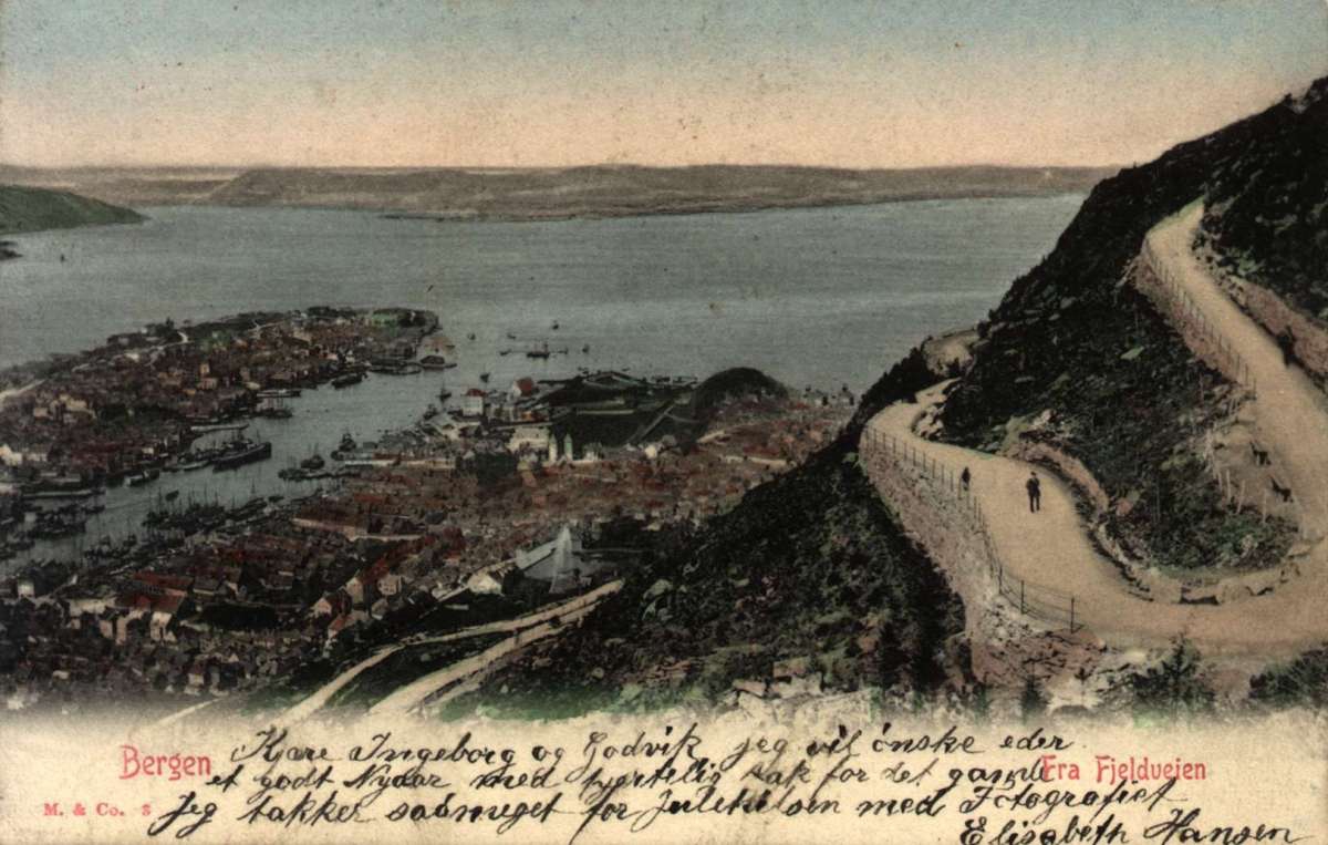 Postkort. Nyttårshilsen. Fotografisk motiv. Farger. Oversiktsbilder over Bergen og havna fra Fjellveien. Stemplet
31.12.1905.