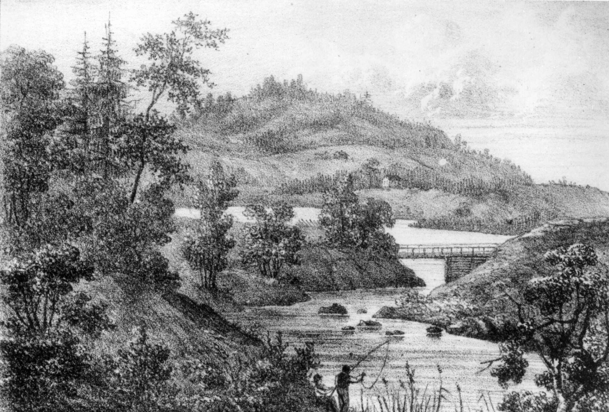 Maridalen, den nedre broa på Hammeren, Oslo, 1837. Litografi av Wergmann, landskap med elv, fisker og bro. Fra "Norge fremstilled i Lthographerede Billeder".