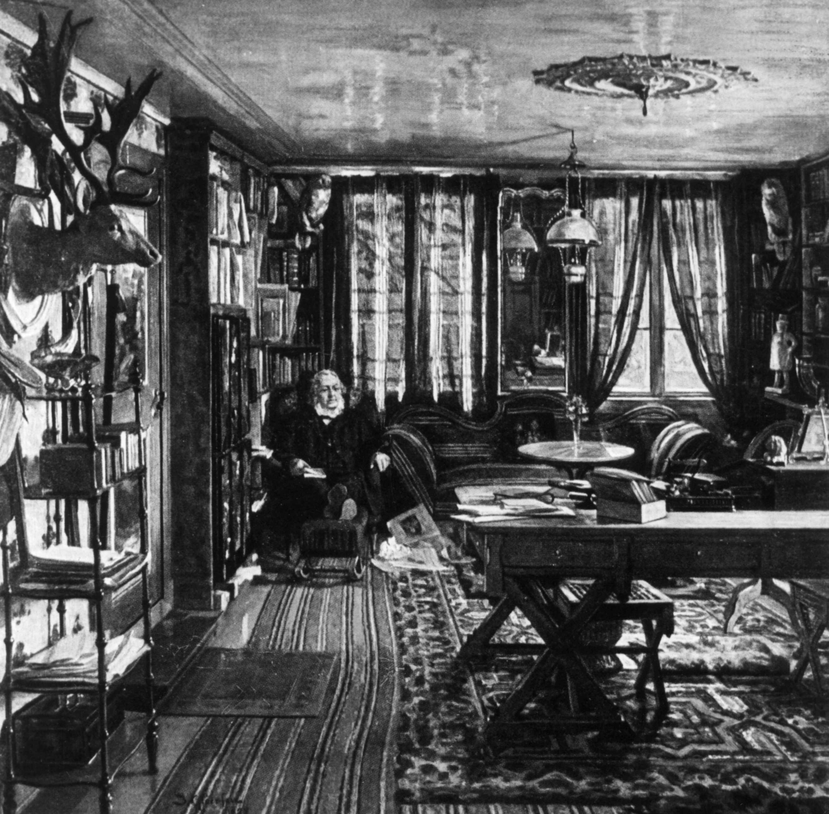 Asbjørnsen, Peter Christen (18121885), sittende i interiør. Norsk