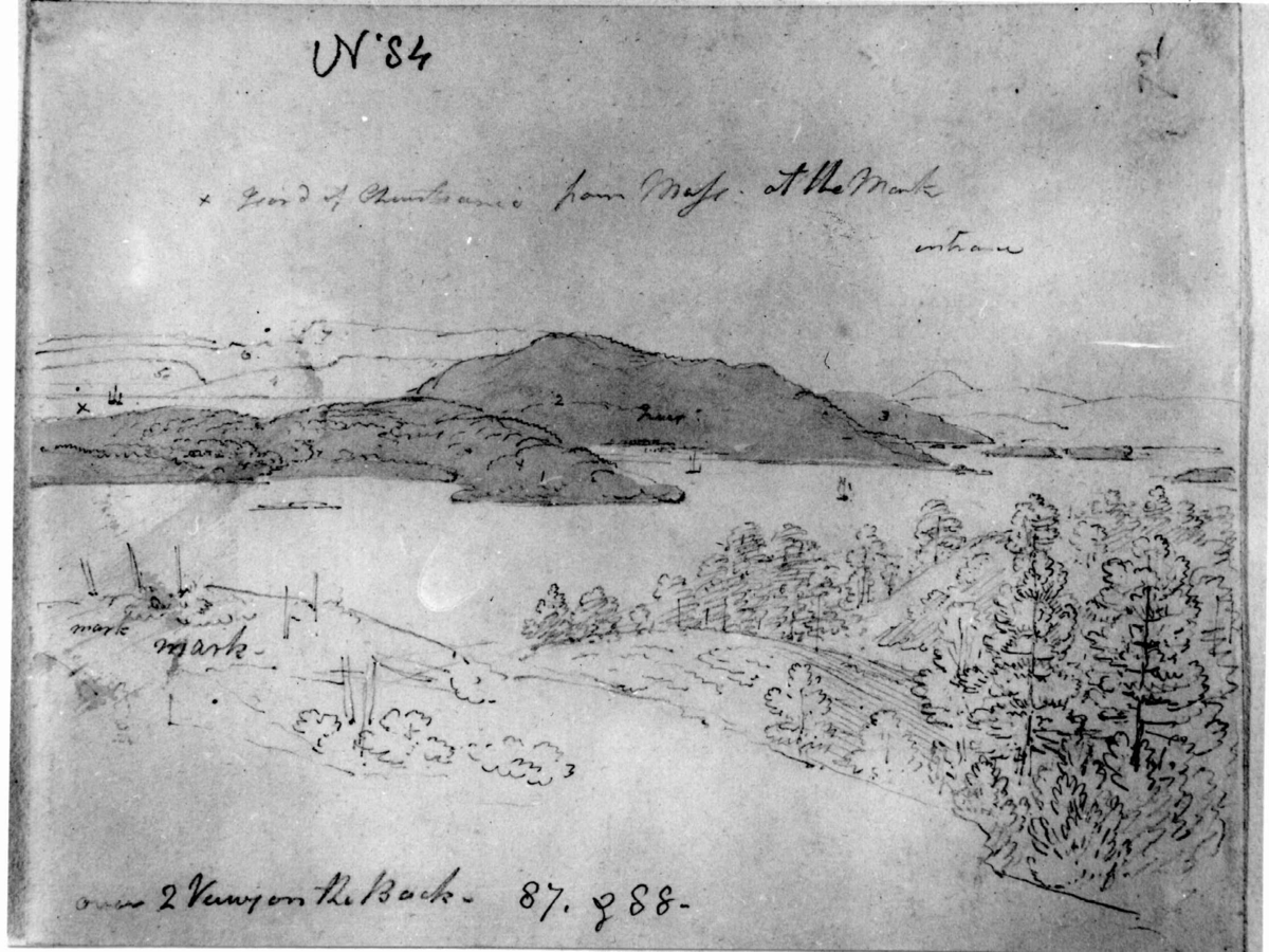 Kristianiafjorden ved Moss mot Østfold.Blyantskisse av John Edy.
Fra skissealbum av John W. Edy, "Drawings Norway 1800".