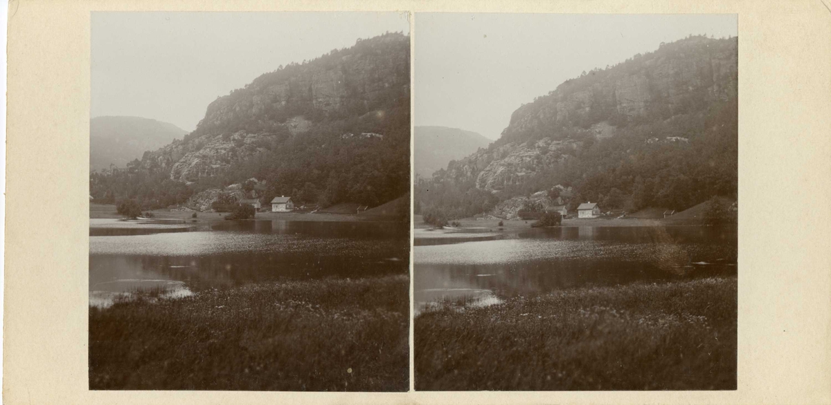 Stereoskopi. Bebyggelse ved fjord, Flekkefjord, Vest-Agder.