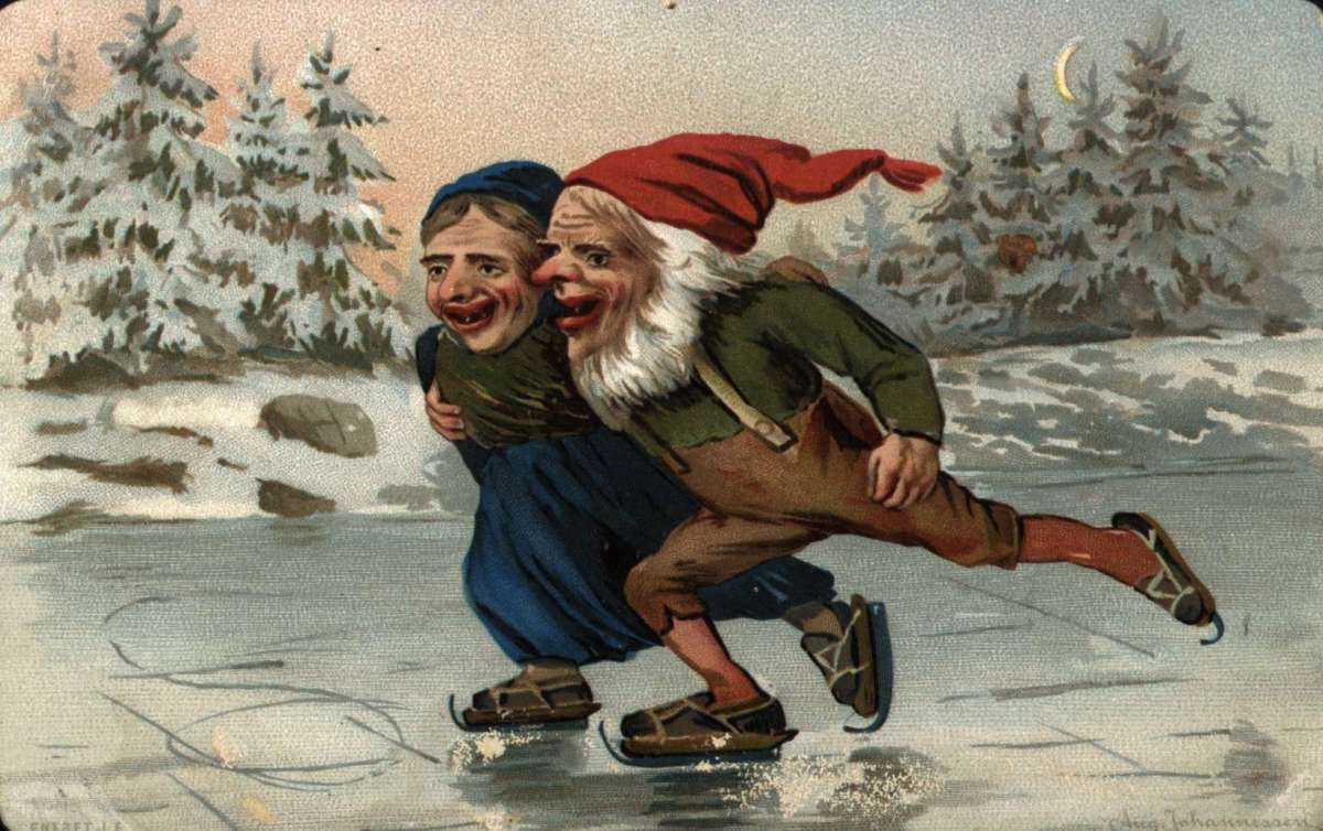 Postkort. Julehilsen. Vintermotiv. Nissefar og nissemor går på skøyter ute i skogen. Illustrert av August Johannessen (1866-1944). Datert 1894.