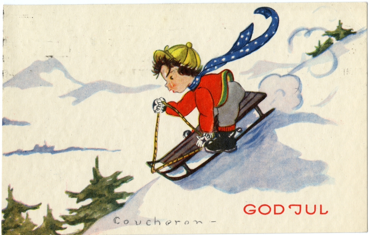 Postkort/julehilsen. Gutt som aker på kjelke. Motiv tegnet av Anne Eline Coucheron. Kortet er poststemplet 23.12.1937.