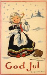 Julekort. Ubrukt. Vintermotiv. Landskap. Pike i  en slags
b