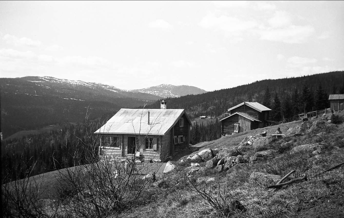 Ligardshaugen med våningshuset ferdig ombygd våren 1940. Utsikt mot fjell med snøklatter.