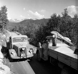 Smal vei med møtende lastebiler på Ålesundveien.
Fotografer