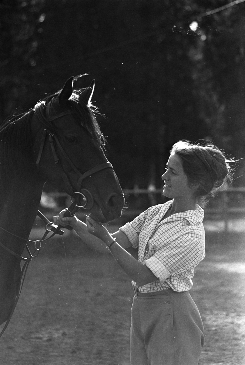 Fra Oslo juni 1962. Kvinne som holder en hest på Ballsletta.