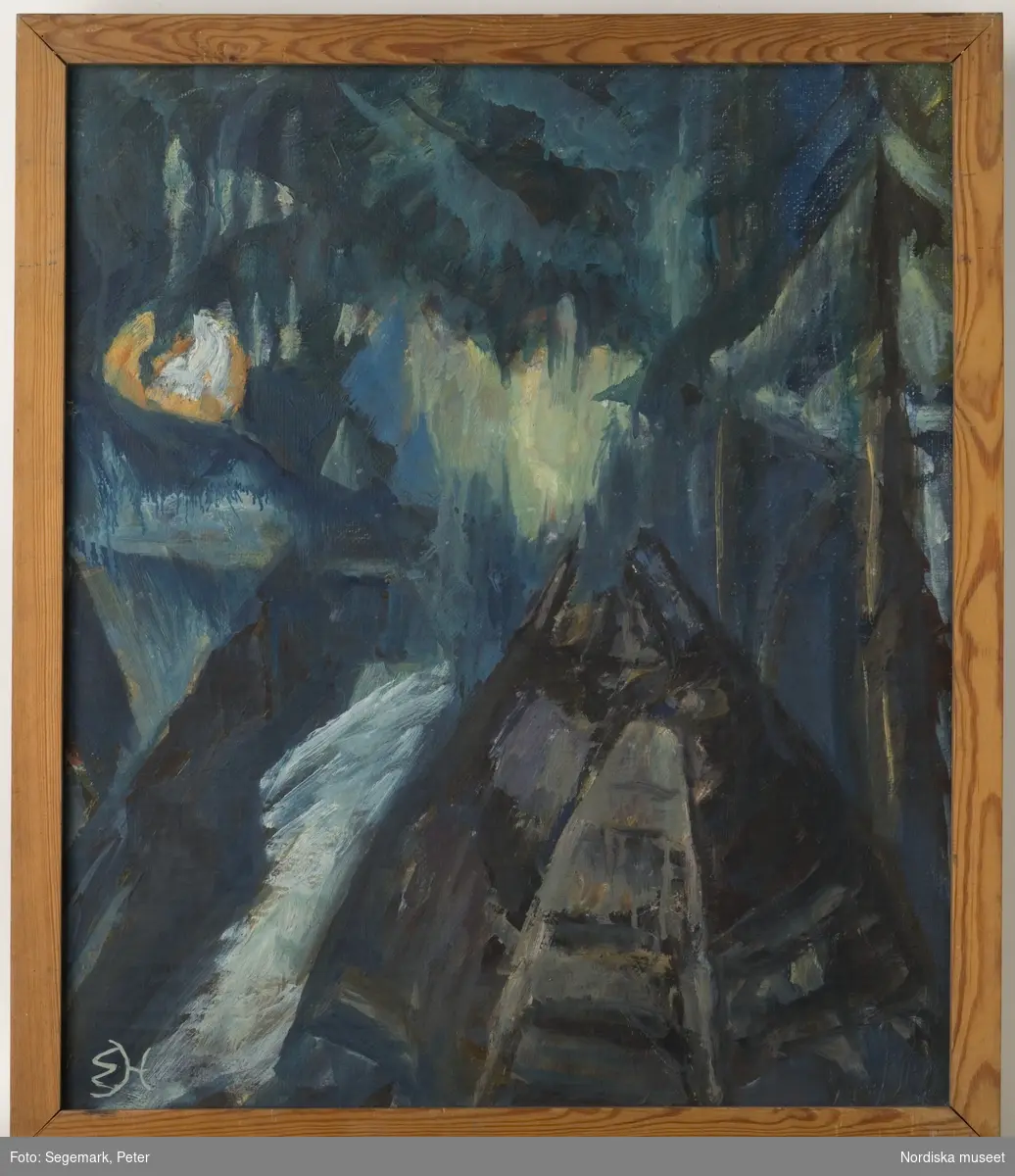 Målning av Emilie Demant Hatt, inv.nr NM.0246111. Månen i skogen. Landskap med kåta.