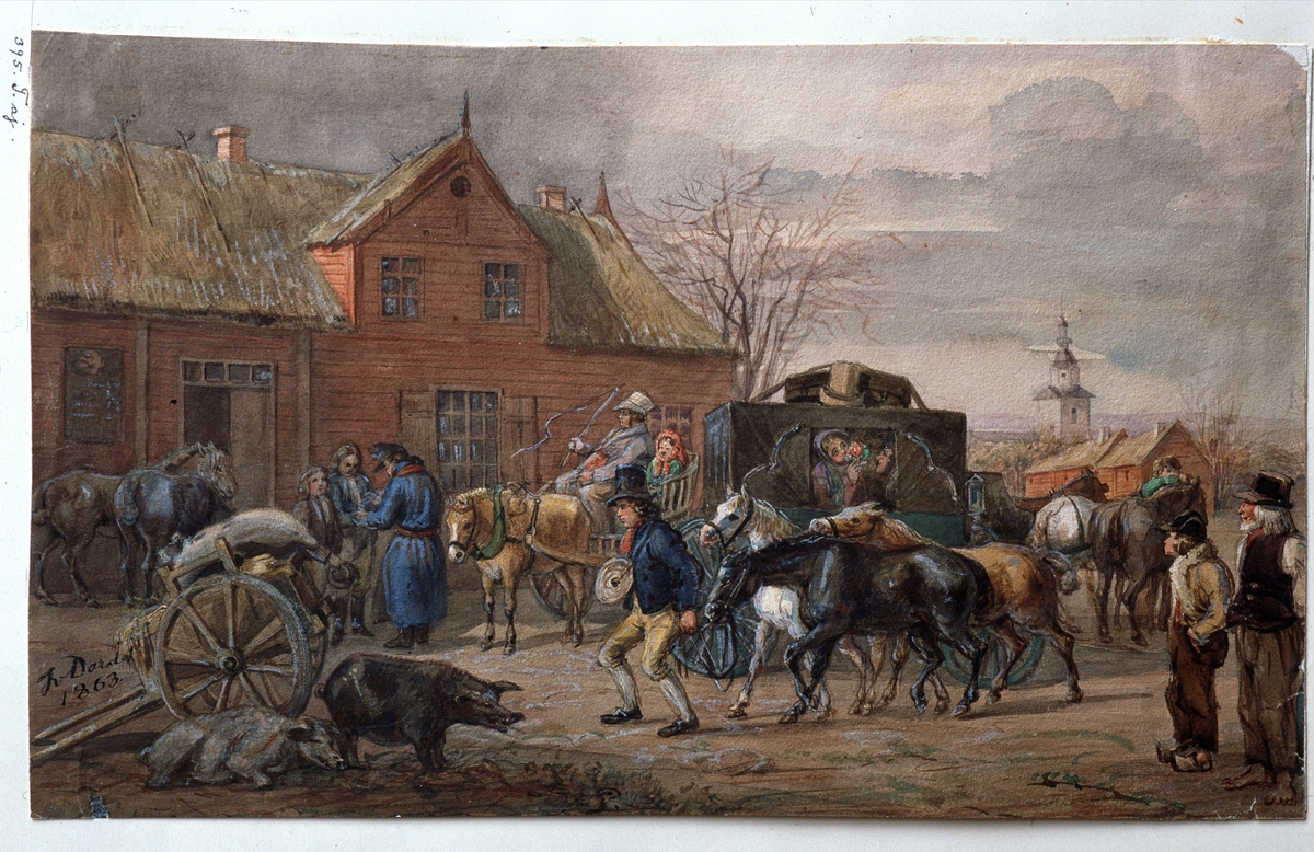 Akvarell av Fritz von Dardel. Gästgivaregård i Halland 1863.