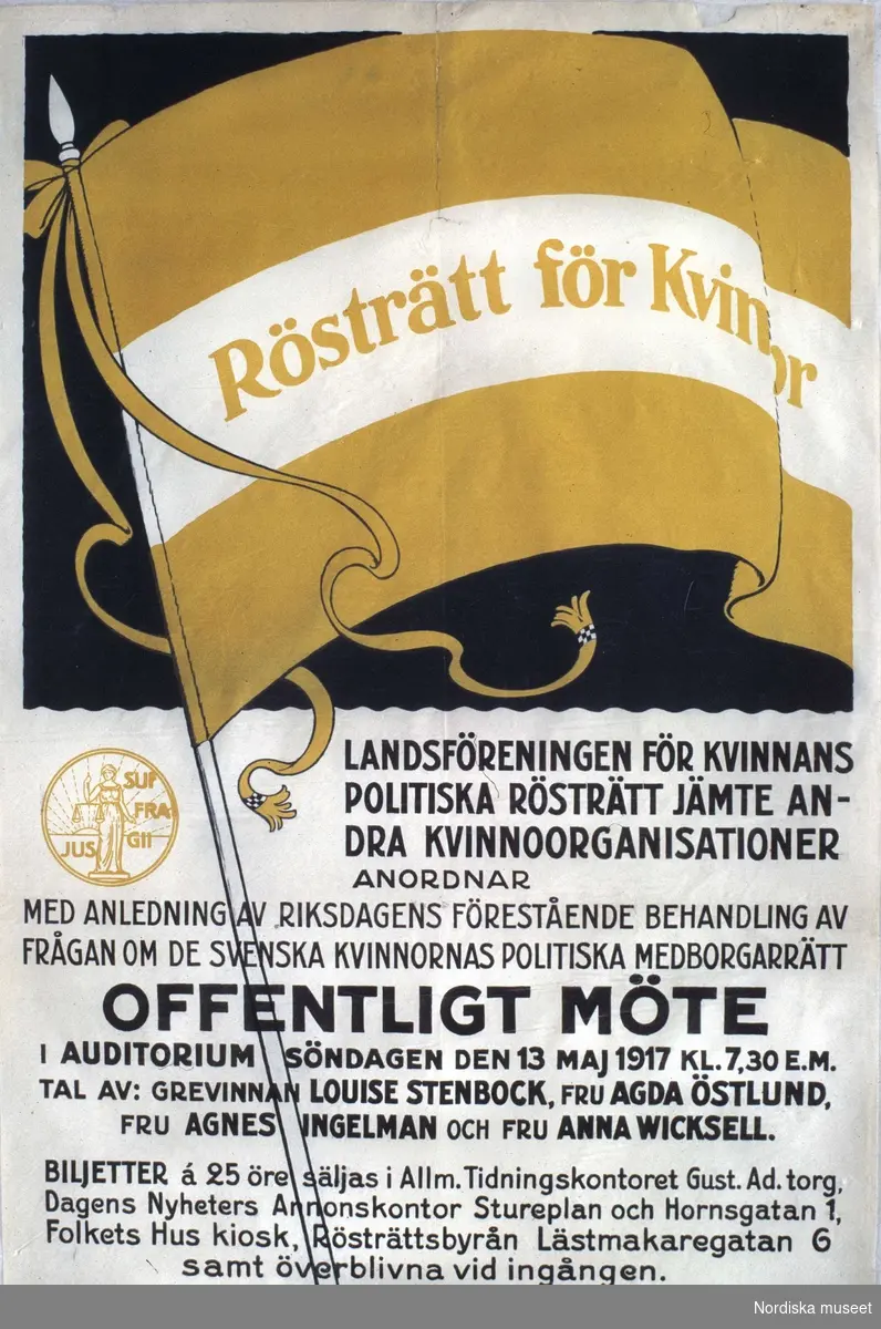 Affisch. "Rösträtt för kvinnor". Landsföreningen för kvinnans politiska rösträtt, 1917.