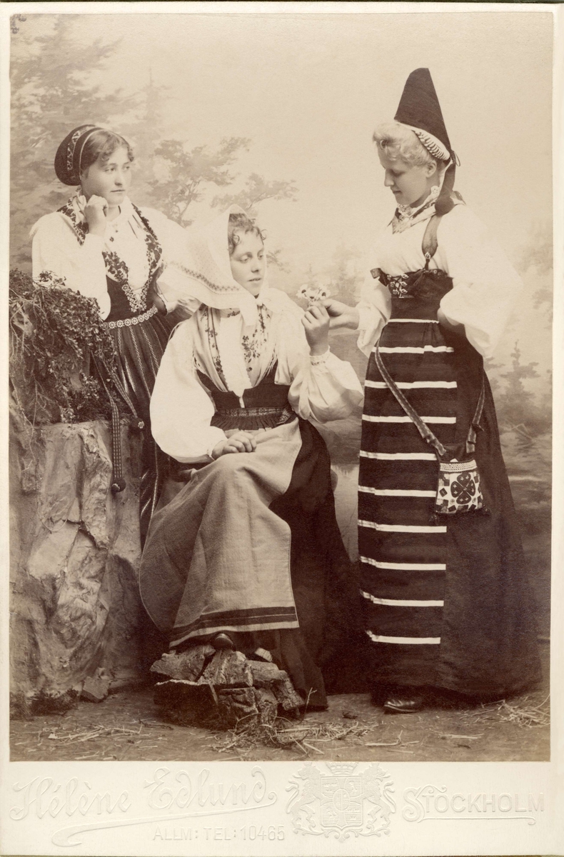 Tre unga kvinnor poserar i olika dräkter