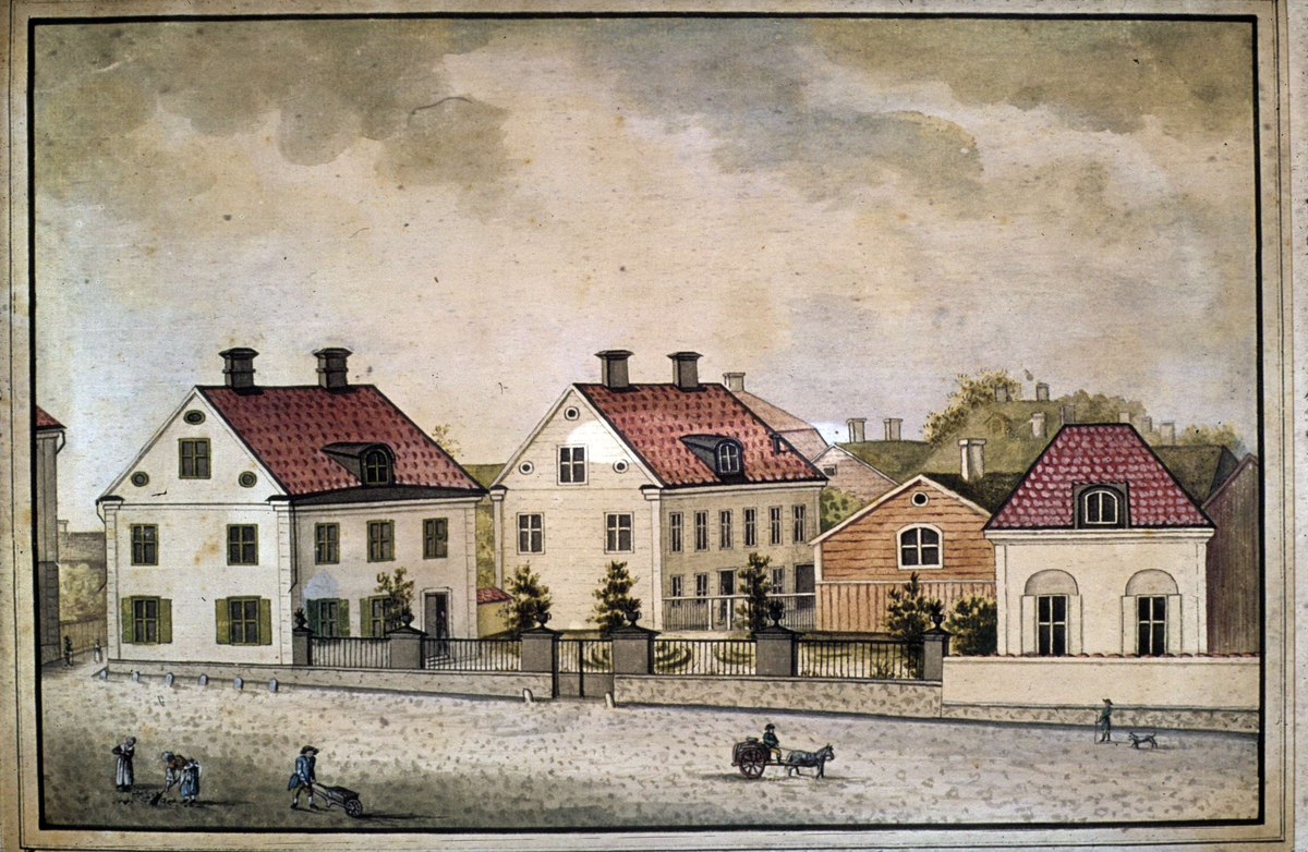 Akvarell - Kungliga Vetenskaps-Societetens hus och Schefferus bibliotek, kvarteret Disa, Uppsala