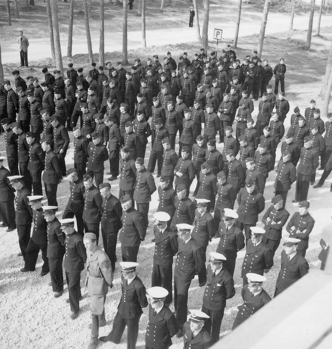 Svenska flaggans dag firas på Gotlands kustartilleriregemente, KA 3, vid Fårösund, 1938.
Manskapet samlat i led.