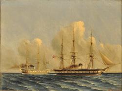 Korvett 'Nordstjernen' og en svensk korvett [Oljemaleri]