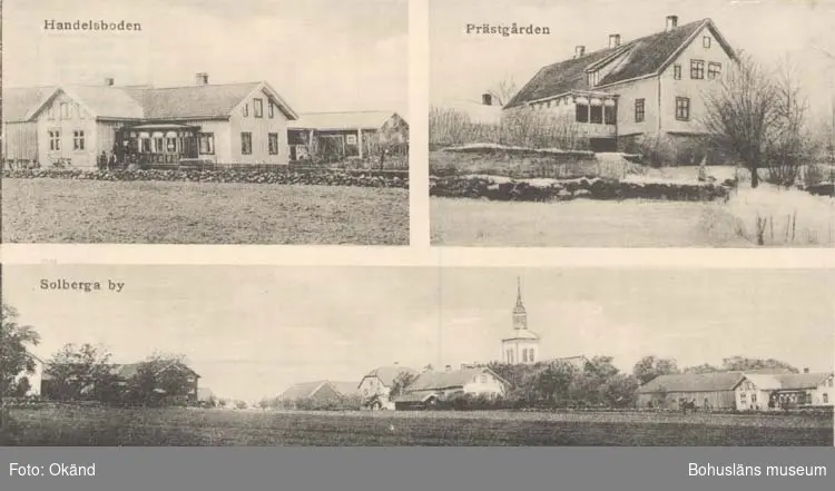 Tryckt text på kortet: "Vyer från Solberga." "Solberga by." "Handelsboden." "Prästgården."