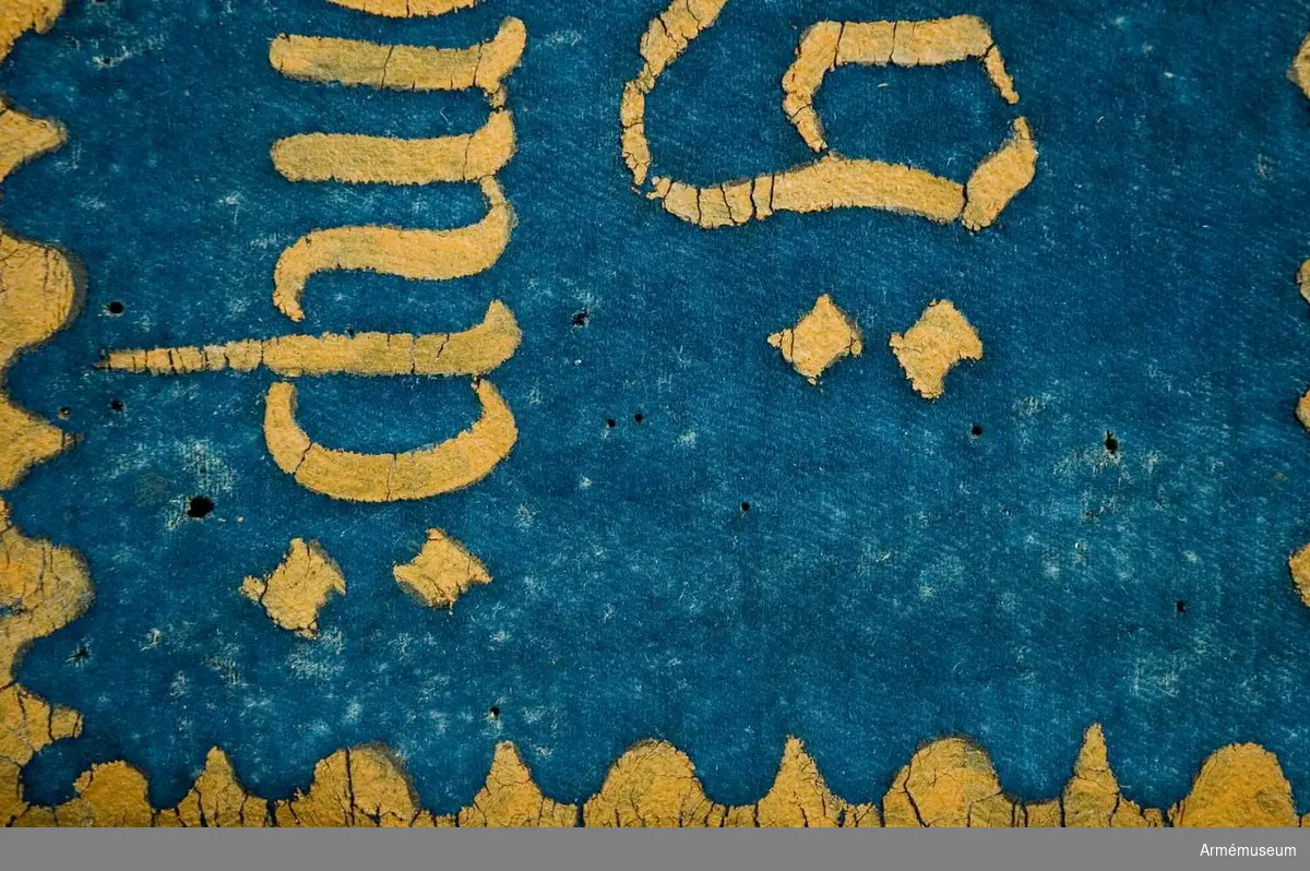 Duk av enkel blå kläde. I övre inre hörnet finns ett sköldemärke med en svart grip på gul bakgrund under öppen krona. 

Text med bård runtikring i gult:
Målad lika på båda sidor, bortsett från att gripen tittar mot stången på den sidan där tännlikorna sitter.