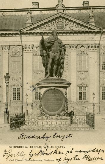 Notering på kortet: Stockholm. Gustaf Wasas staty.