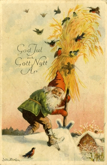 Kort: "God Jul och Gott Nytt År". Tomte som sätter upp fågelnek.