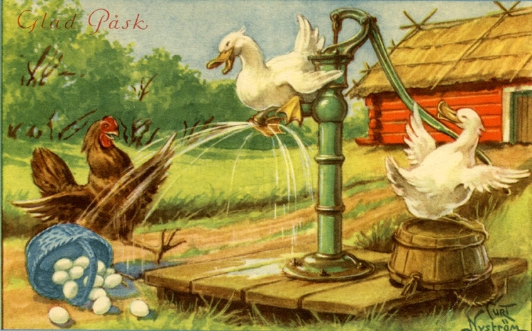 Kort: Glad Påsk". Ankor som skvätter vatten från en handpump på en höna med en korg innehållande ägg.