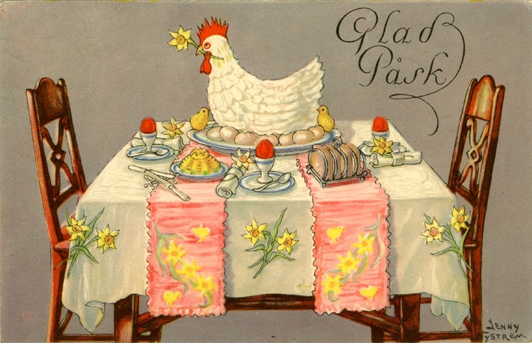 "Glad Påsk tillönskas Id Sandelin" noterat på kortet. Bord dukat till påskfest.