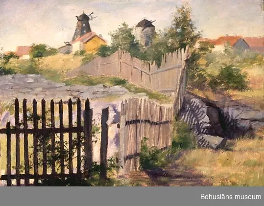 Vy från Visby med bebyggelse och väderkvarnen Högan i bakgrunden, ett staket går tvärs genom landskapet från för- till bakgrund